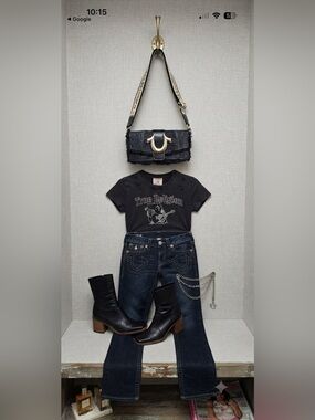 NWT True Religion Frayed Black Denim Flap Crossbody Bag Gold Horseshoe Logo  Y2K